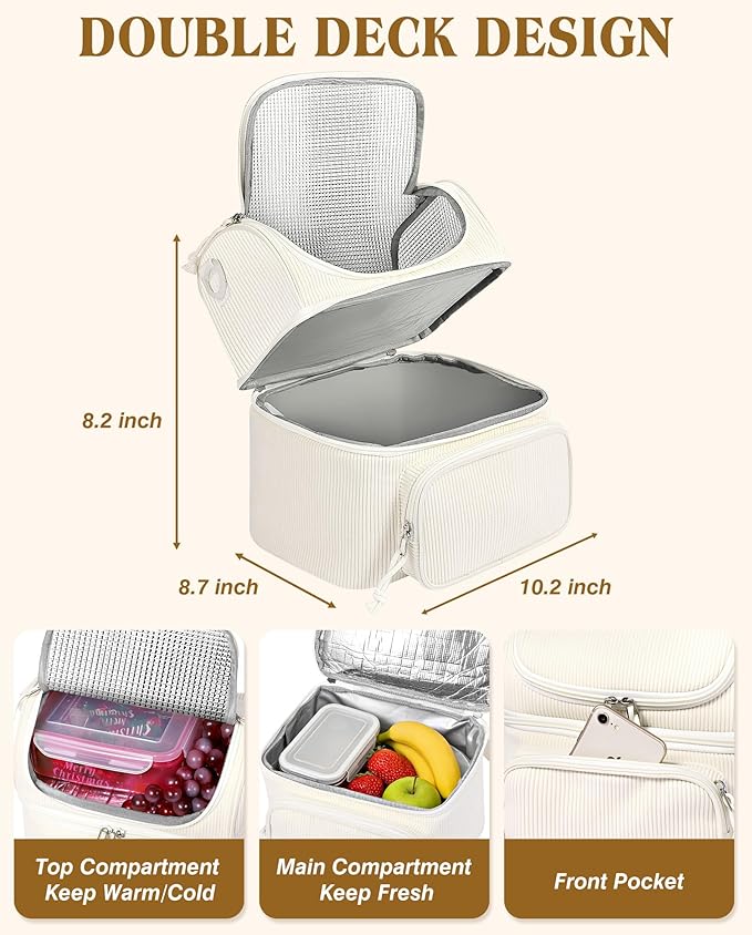 HowFly Lunch Bag for Women Insulated Lunch Boxes Corduroy Resuable Lunch Box for Girls Teens Kigs Boys Portable Thermal Cooler Bags for School Work, Beige