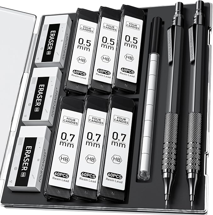 Four Candies 2PCS 0.5mm & 0.7 mm Metal Mechanical Pencils Set, 360PCS Lead Refills, 12 Erasers, Cool Lead Pencil with Case for School Writing, Sketching, Technical Work, Art Projects, Black | 360PCS HB Lead Refills, 3 Erasers, 9 Eraser Refills, for Sch...