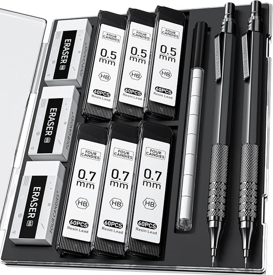 Four Candies 2PCS 0.5mm & 0.7 mm Metal Mechanical Pencils Set, 360PCS Lead Refills, 12 Erasers, Cool Lead Pencil with Case for School Writing, Sketching, Technical Work, Art Projects, Black | 360PCS HB Lead Refills, 3 Erasers, 9 Eraser Refills, for Sch...
