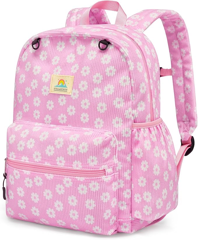 STEAMEDBUN Corduroy Kids Backpack for Girls and Boys 5-8: Girls Backpack for Elementary Kindergarten - 15 inch Cute Backpacks for Kids - Pink Daisy