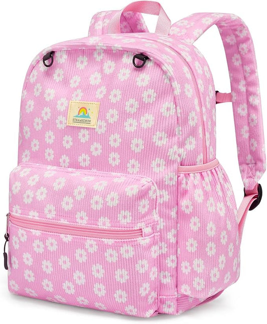 STEAMEDBUN Corduroy Kids Backpack for Girls and Boys 5-8: Girls Backpack for Elementary Kindergarten - 15 inch Cute Backpacks for Kids - Pink Daisy