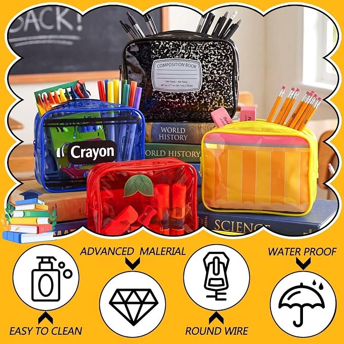 Suclain 6 Pack Back to School Teacher Gift, Teacher Survival Kit Bag, Stationery Zipper Cosmetic Pouches, Transparent PVC Pencil Case Waterproof Toiletry Makeup Bag for School Supplies, Travel