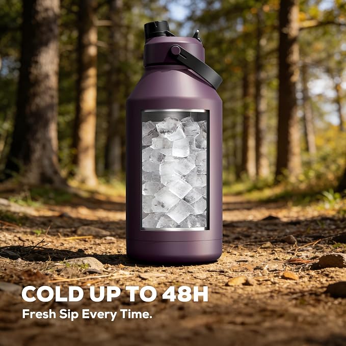 POWCAN 64 oz Insulated Water Bottle with 2-in-1 Straw & Spout Lid, Leakproof, Top Handle, Keep Cold 48H, BPA-Free, Brush, Metal Water Bottle with Carrier Bag for Work, Sports, Travel and Gym (Plum)