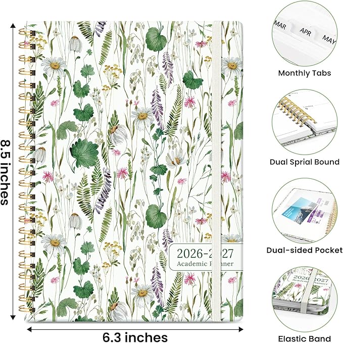 Planner 2026-2027, Monthly and Weekly Academic Planner July 2026 - June 2027, Hardcover Student Teacher Planning Agenda Calendar Book with Tabs, Perfect for Office School Supplies, A5 (6.3" x 8.5") - Spring Flowers