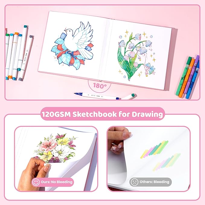 FLYING EAGLE Pink Sketchbook for Kids, 10"X 10" Square Sketch Book & Drawing Pad, 60 Sheets/120 Pages, 120lb/200GSM Heavy Paper, Bleed-Resistant Hardcover Drawing Book for Girls Teens, Gift Boxed