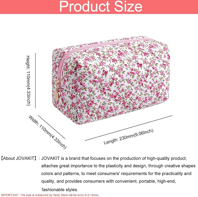 JOVAKIT Square Makeup Bag Cute Cosmetic Bag for Women, Floral Coquette Aesthetic Toiletry Bag, Zipper Make Up Pouch, Travel Make Up Organizer Bag (Red Floral)