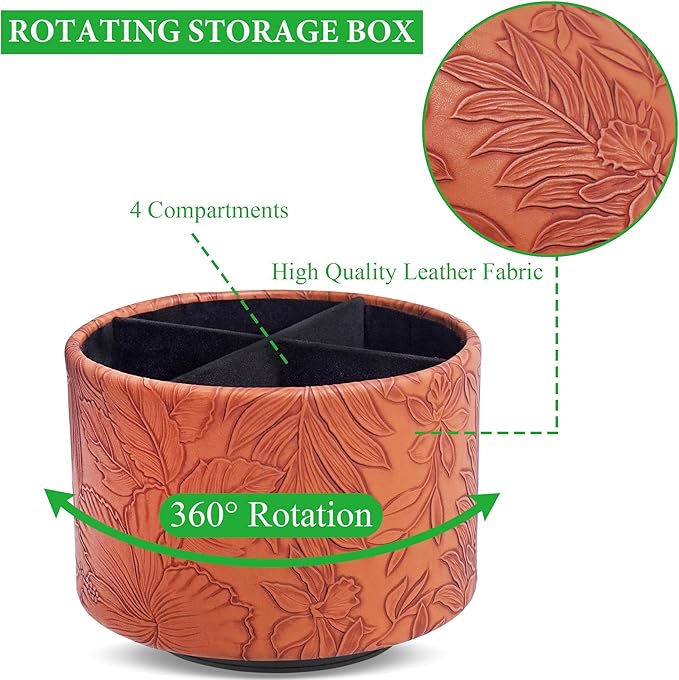 Round Leather Art Supply Organizer,Remote Control Holder,360 Degree Spinning,Multi-Functional Pencil Holder,4 Compartments Desktop Stationary Organizer(1-Carved Brown)