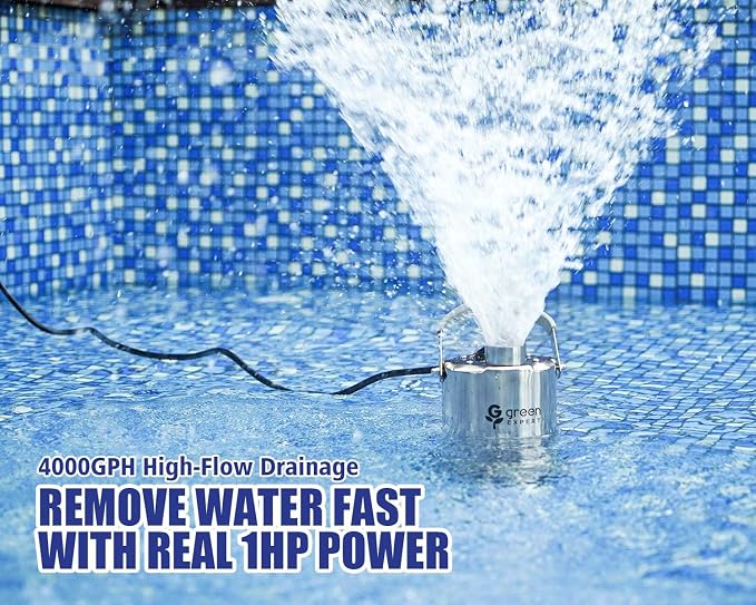 Green Expert 1HP Submersible Sump Pump, 4000GPH Full 304 Stainless Steel Manual Utility Pump with Adapter Kit, Oil-Free Top Discharge Water Removal for Basements, Pools, Hot Tubs & Drainage Pits