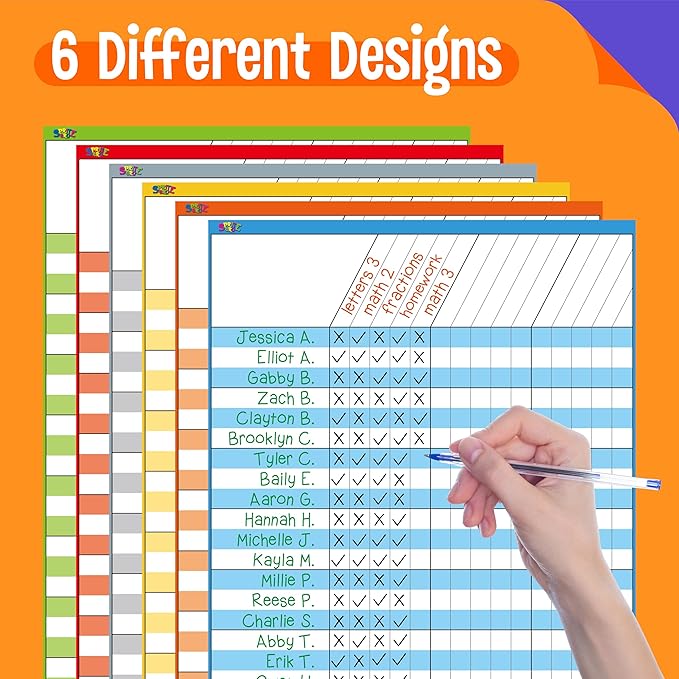 6 Pack Dry Erase Incentive Chart, 6 Multi-Color Tracking Chart for Chore/Responsibility/School Attendance/Homework Progress Tracking, 27 Rows X 15 Columns (11" x 17")