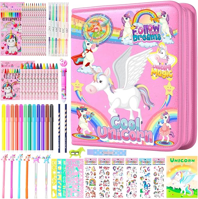 DOKKIA Fruit Scented Coloring Pens Markers Set 65 PCS Art Craft Drawing Case - Washable Kits Pencil,Gel Pen,Crayon&Coloring Book Supplies Pink Unicorn Rainbow
