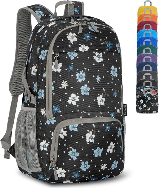 ZOMAKE Lightweight Packable Backpack 30L, Foldable Travel Hiking Daypack | Water Resistant Collapsible Backpacks, Folding Day Pack for Outdoor Camping Sport, Everyday Carry(Black,Floral pattern)