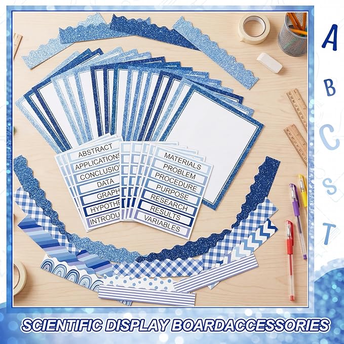 Fuyoooo 90 Pcs Science Fair Board Supplies 60 Trim Scalloped Bulletin Borders 24 Presentation Board Subtitles 6 Science Fair Titles for Classroom Display Boards(Glitter,Blue)