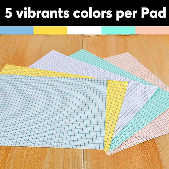 Graph Paper Pad 8.5 x 11 Inch - 3 Pack, 50 Sheets Each (150 Sheets Total) 4x4 Quad Ruled/Grid Notebook, 75 GSM Paper, 5 Colored Pages, Perforated Sheets - for Students,School, Math & STEM (Pastel)