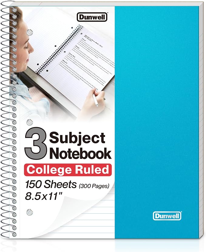 Dunwell 3-Subject Spiral Notebook, College Ruled, 150 Sheets, Blue