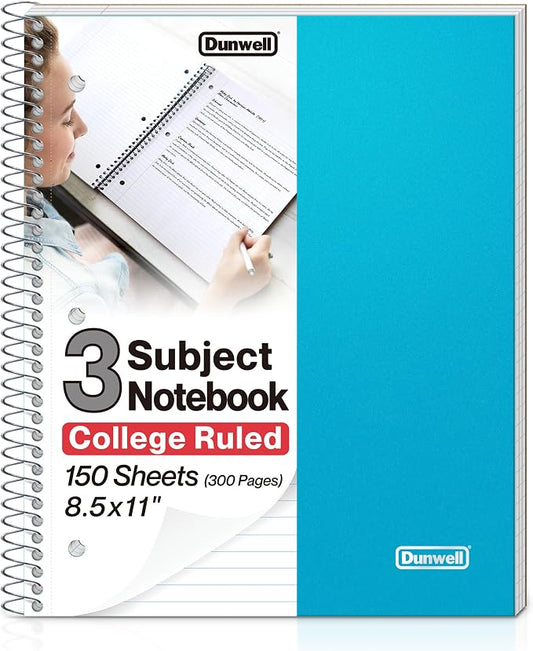 Dunwell 3-Subject Spiral Notebook, College Ruled, 150 Sheets, Blue