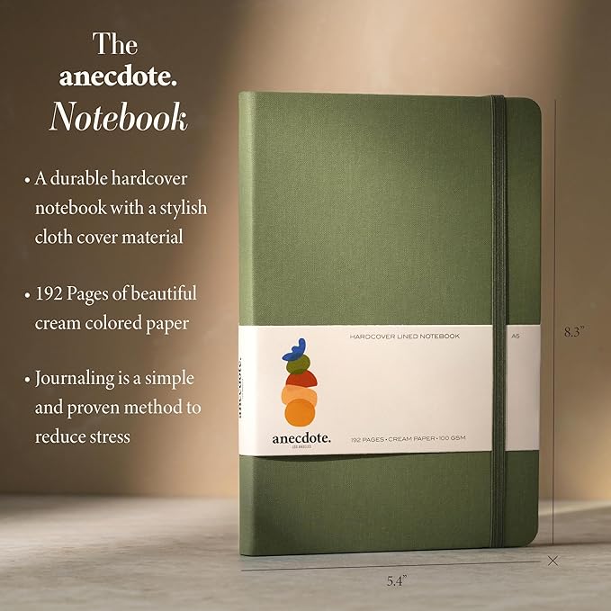 ANECDOTE. Lined Journal Notebook, 192 Pages, A5 size: 8.3" x 5.4", Thick 100 GSM Paper, Ruled, Hardcover. Journal for Women and Men, Perfect Notebook for School, Work and Travel (Olive Green)