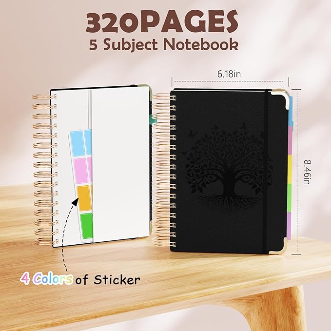 QIYVLOS Hardcover Spiral Notebook, A5 Journal with Removable Dividers Tabs, 5 Subject Notebook College Ruled, 320 Pages 6"x8" Leather Notebooks for Work School Study, Lined Journal for Women, Black