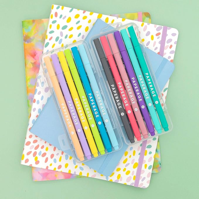 PAPERAGE Felt Tip Fine Point Pens (0.4mm), 12 Pack, Colored Pens For Journaling, Notebooks, Planners, Calendars & Drawing, Great for School, Office, & Home (Pastel)