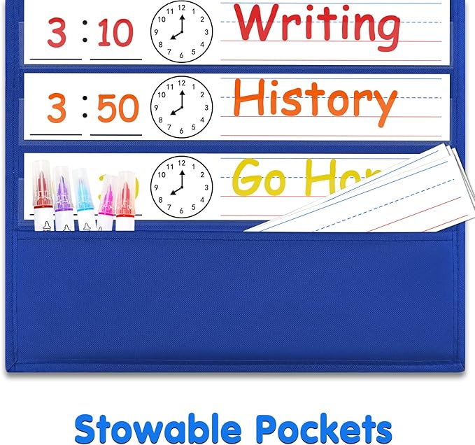 Daily Schedule Pocket Chart, 13+1 Pockets Visual Schedule for Kids, 18 Reusable Dry Eraser Cards 2 Over The Door Hooks, Daily Schedule for Kids, Classroom, School, Office or Home (BLUE)