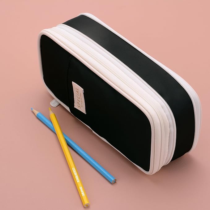 Large Capacity Big Special Cute Aesthetic Preppy Canvas Pencil Case Organizer Holder Pouch Bag with Zipper Compartments, Pen Cases for Women Girls School Adults (Black)