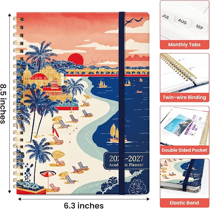 Planner 2026–2027, Academic Monthly Weekly Spiral Calendar, July 2026 – June 2027, Hardcover Agenda Notebook with Tabs, 6.3" x 8.5", Perfect for Students, Teachers, School & Daily Planning - Coastal Sunset