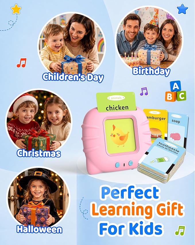 Aullsaty Talking Flash Cards for Toddlers 1-3, Upgraded 248 Sight Words Montessori Speech Therapy Toy, Autism Sensory Educational Learning Toys, Birthday Gifts for Boys Girls (Pink)