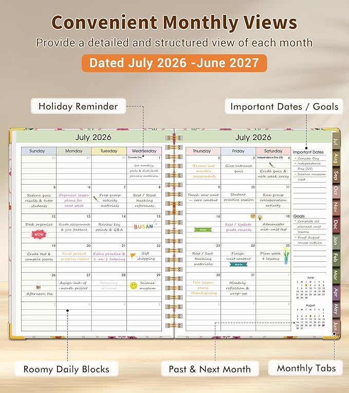 Teacher Planner 2026-2027, July 2026 - June 2027, Academic Weekly & Monthly Calendar Planner with Tabs, 8.5" x 11" A4 Teacher Lesson Plan Book with 7 Periods, Daily Agenda School Organizer for Teacher Student Homeschool, Bowknot Flowers