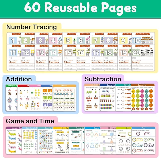Preschool Learning Activities 60 Reusable Pages -Number Tracing Book for Kids 3,4,5,6 Years Old -Builds Addition & Subtraction, PreK Kindergarten Math Workbook, Learning Toy Gift for Toddler