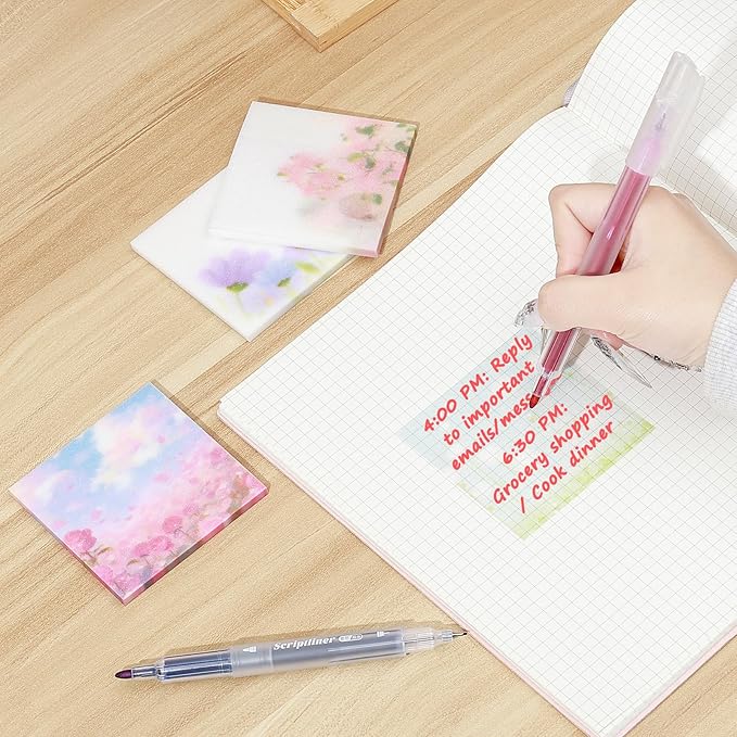 BAYTORY 200 Sheets Transparent Sticky Notes, 6Pcs Double-Ended Colored Marker Pen, 3 x 3 Glitter Clear Sticky Notes, Waterproof Self-Stick Note, Easy to Post for Note Taking (Flower)