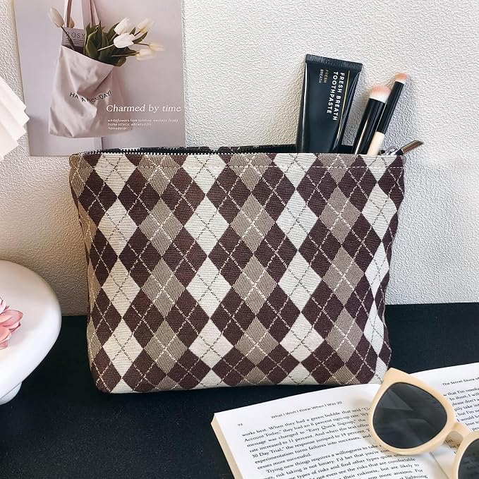 STARDW Checkered Makeup Bag Cosmetic Travel Bag, Toiletry Bag for Women | Canvas Lined Makeup Pouch for Skincare, Brushes, Toiletries & Travel Essentials, Cute Purse Organizer Pouches with Zipper