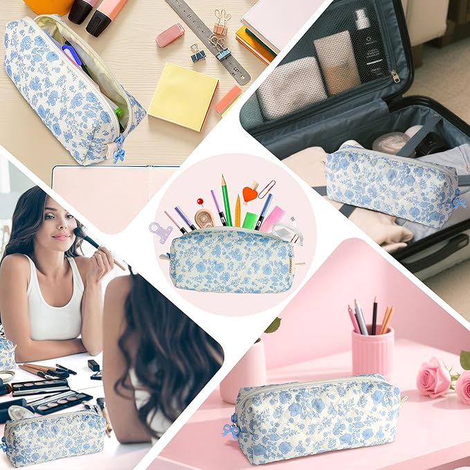 Cute Quilted Pencil Case for Girls Women, Aesthetic Small Floral Pencil Pouch,Slim Soft Pencil Bag for School Supplies Makeup Pouch for School & Daily Use (blue floral)