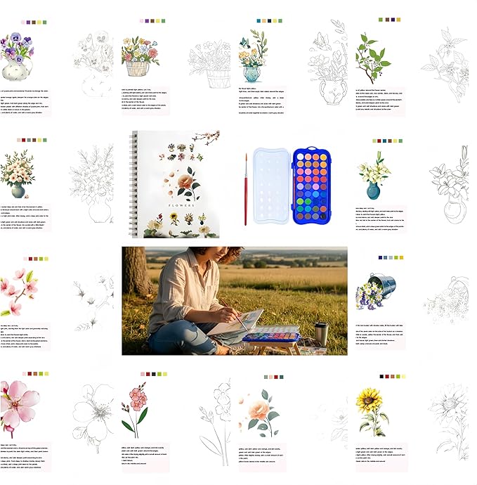 36 Colors Watercolor Book With Paint，Beginner Watercolor Workbook Kit, Watercolors Workbook (Flowers -36 colors)