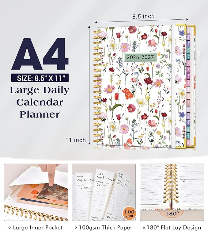 Academic Planner 2026-2027, 18 Months Weekly and Monthly Hardcover Planner, July 2026 - December 2027, 8.5" x 11" A4 Large Daily Calendar Planner Book with Tabs, Spiral College School Agenda Organizer for Student Teacher, Garden