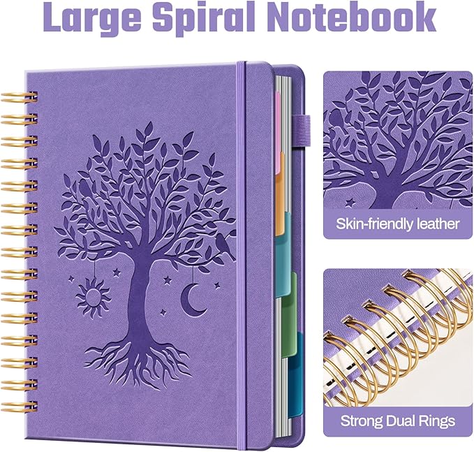 Ovesmusl Hardcover Spiral Notebook 6.1" x 8.4" with 5 Removable Dividers 300 Pages Leather 5 Subject Notebook College Ruled 100GSM Large Spiral Notebooks for Work Thick Lined Journal for Women, Purple