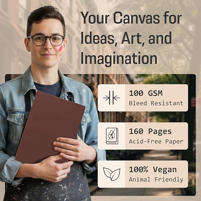 BROWNSTONE JOURNALS A4 Sketch Book Hardcover - 80 Sheets 100 GSM Paper 8.5"x11.5", Lay Flat, Vegan Leather Cover, Elastic Band, Back Pocket, Art Drawing Book (Chestnut Brown)