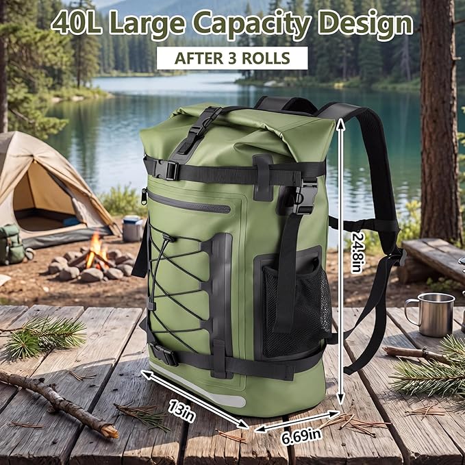 Pimoys Waterproof Backpack, 40L Heavy Duty Dry Bag Backpack, Roll-Top Hiking Travel Backpack, Heavy Duty Floating Waterproof Bag for Kayaking, Hiking, Rafting, Camping, Boating- Men/Women