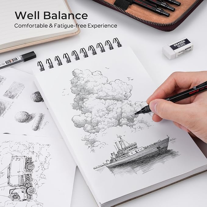 Nicpro 20PCS Black Metal Mechanical Pencil Set in Leather Case | Drafting Pencil 0.3/0.5/0.7/0.9/2mm Lead Holders, 9 Tube (4B 2B HB 2H Colors) Lead Refills, Erasers For Art Sketching Drawing