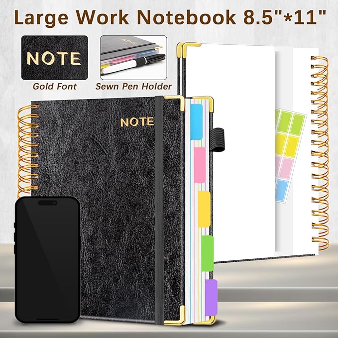 Hardcover Spiral Notebooks for Work 8.5''x 11'', 300 Pages 5 Subject Notebook with Dividers & Tabs, A4 Spiral Journal for Women, College Ruled Notebooks for School Note-Taking (Black)