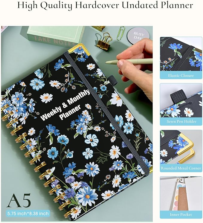 Undated Weekly Planner, Hardcover Weekly & Monthly Calendar Blank Planner, To Do List Notebook with Goal & Habit Tracker Organizer, A5 Daily Planner with Spiral Binding, Ideal for Work School Home, Blue Flower