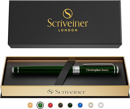 Scriveiner Personalized British Racing Green Rollerball Pen - Stunning Green Lacquer Luxury Pen with Chrome Finish, Schmidt Ink Refill, Engraved Roller Ball Gift Set for Men & Women, Custom Engraving