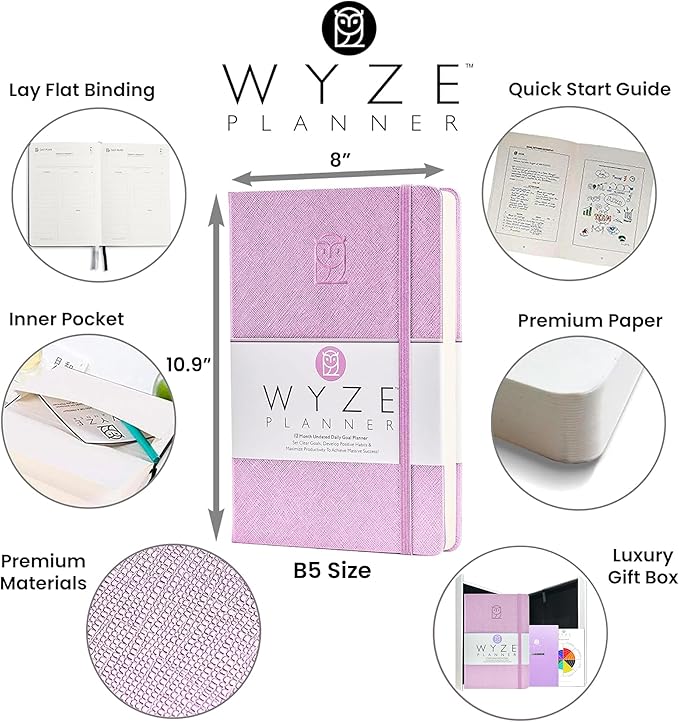 Wyze Planner Undated Daily Planner – 1-Year B5 Productivity Organizer with Two-Page Weekly Spread, ADHD Friendly, Goal Setting, Habit Tracker, Weekly & Monthly Pages – Hardcover Time Management Notebook (Lilac)