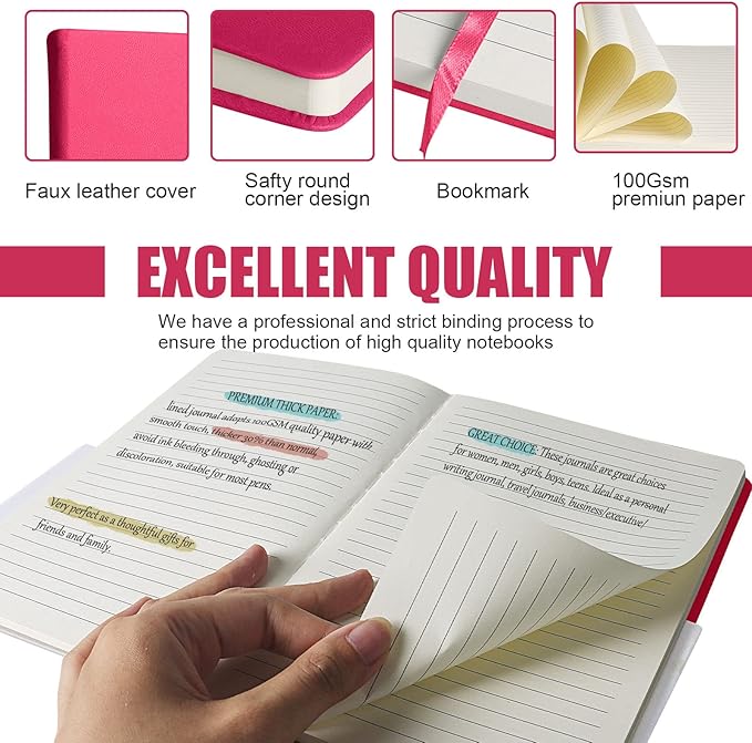 Lined Journal Notebook, 10Pack Hardcover Notebook for Men & Women – Journals for Writing, Work, School, Home & Daily Notes, 160 Pages – Medium A5, 5.7"x8", 100 gsm Thick Paper (Rose Red)