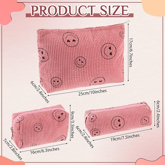 Huhumy 3 Pcs Makeup Bag Set for Women Corduroy Cosmetic Pouch Aesthetic Smile Travel Toiletry Bag Cute Purse Pouch Pencil Case Makeup Brushes Storage Organizer with Zipper(Pink,Smile Face)