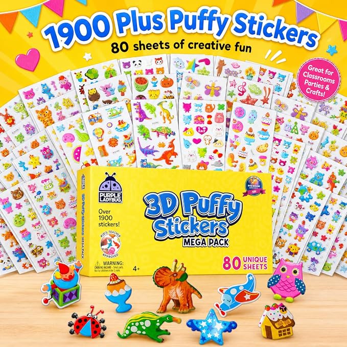 Purple Ladybug 1900+ Puffy Sticker Collection for Kids 4-8 - 80 Unique Reusable Sheets, Creative 3D Designs - Reward Stickers, Arts & Crafts Set, Travel Activities, Road Trip Essentials & Toys