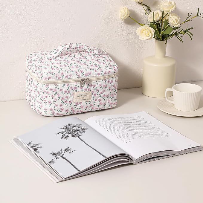 uekeboag Large Travel Quilted Makeup Bag for Women | Soft Floral Cotton Cosmetic Bag, Foldable Coquette Aesthetic Toiletry Organizer