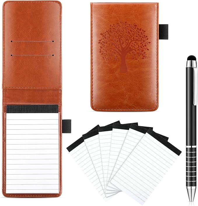 Teling 8 Pcs Mini Pocket Notepad Holder Set Leather Notepad Holder with Metal Pen Lined Sheet 6 Pcs 3 x 5 Inch Memo Book Refill for Office Restaurant School Supplies(Brown,Tree)