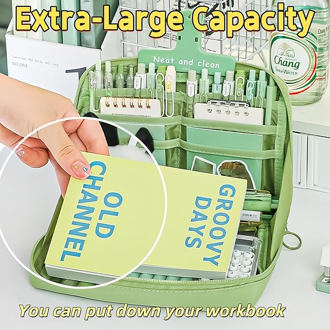Kawaii Cute Aesthetic Pencil Case - Large Capacity Canvas Pen Pouch Bag (Green)