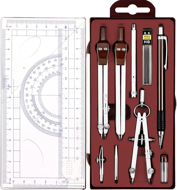 Outus 13 Pcs Geometry Set for Students Math Protractor Compass with Rulers Mechanical Pencil Lead Refills Storage Box of Protractors Kit for School Class Student Drafting Drawing
