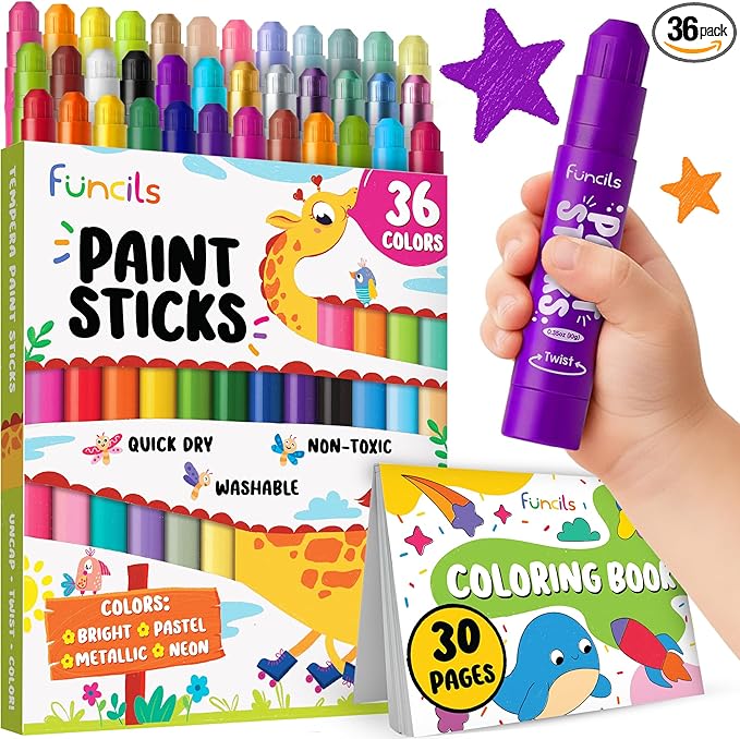 36 Washable Tempera Paint Sticks for Kids with Coloring Book | Non-Toxic Markers for Toddlers 1-3 | Works on Paper, Canvas, Wood, Cardboard - Craft, Art Supplies for Kids 3-5, Painting Crayons