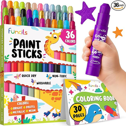 36 Washable Tempera Paint Sticks for Kids with Coloring Book | Non-Toxic Markers for Toddlers 1-3 | Works on Paper, Canvas, Wood, Cardboard - Craft, Art Supplies for Kids 3-5, Painting Crayons